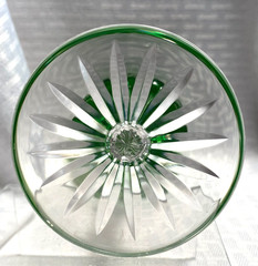 AJKA/FIFTH AVE WINE GLASS EMERALD GREEN CUT TO CLEAR CRYSTAL BOHEMIAN HUNGARY