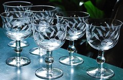 Vintage Set 6 HAND CUT Wine Glasses Ball Stem GREY CUT ROSES w LEAVES 4.5″