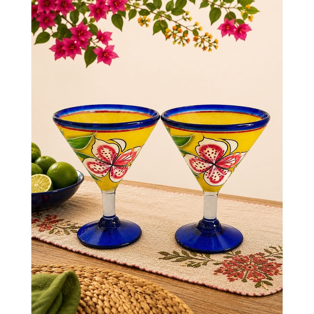 Pair Hand Painted Floral Margarita Glasses Blue Rim Yellow Mexican Style Set 2