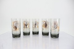 Anchor Hocking Zodiac Smoked Gray Gold Highball Glasses Set of 5 Vintage MCM