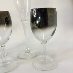 Silver Wine Glass Clear Mirror Smoke Gray Table Glass Stemware Stem Vtg Lot of 6