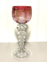 Antique Bohemian Wine Glass Champagne Cranberry Pink Gold 7.5 inches