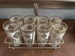 Vintage MCM Gold and Frosted Hazelware 8 Glasses + Caddy