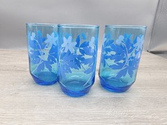Set Of 3 Libbey Blue Floral Daisy Glasses 5” MCM Great Condition Flower Vintage