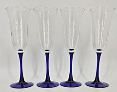 Vintage 4 Luminarc France Cobalt Blue Stem Champagne Flute Wine Glasses 8.5»