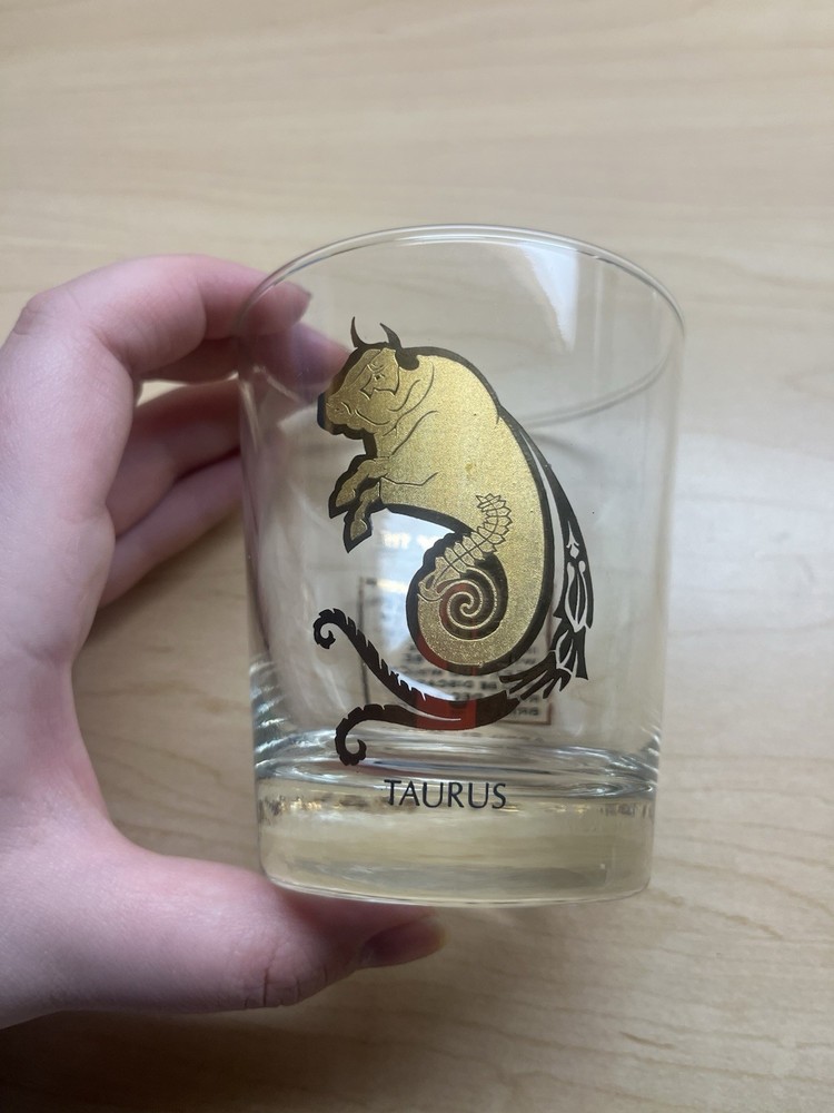 VINTAGE Taurus Anchor Hocking MCM Zodiac Sign Gold Etched Glass/Tumbler Barware