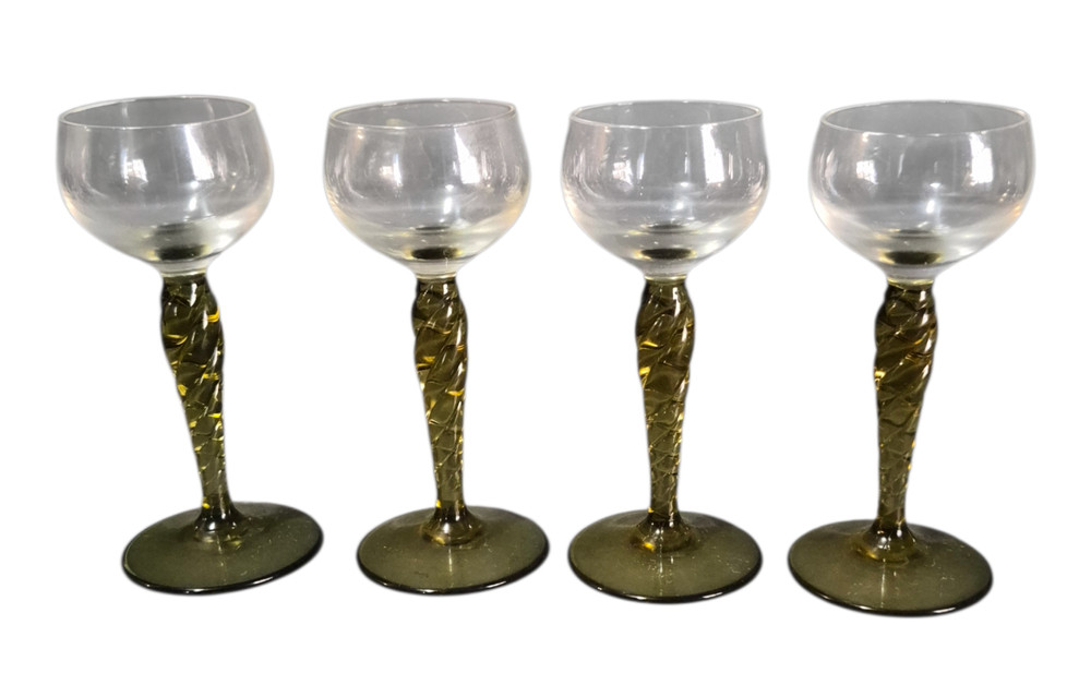 Vintage Four Venetian Hand Blown Twisted Olive Green Glass Stem Liquor Glasses