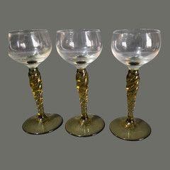 Vintage Four Venetian Hand Blown Twisted Olive Green Glass Stem Liquor Glasses