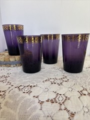 4- Amethyst Glass Tumblers with Gold Scroll Band Moroccan Boho Barware Pier 1