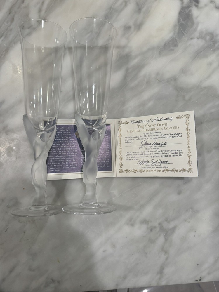 2 Vintage Franklin Mint Snow Dove Crystal Champagne Glass from House of Faberge