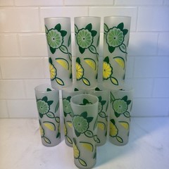 Federal Glass Sky-Ball Glasses 6 3/4” Frosted Lemon Lime 8PC Set MCM In BOX 1968