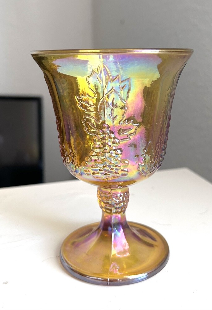 Vintage Indiana Carnival Glass Marigold Goblet Iridescent Amber Harvest Grape