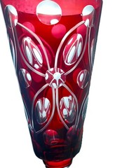 Vintage Ruby Red Cut to Clear Wine Glass Goblet Gold Rim Footed Faceted Elegant