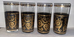4 Vintage Culver 24 Kt Gold Scroll Embossed On Black Collins Glasses signed