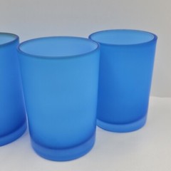Set Of 4 Vintage Hand Blown Blue Satin Cased Glass Juice Tumblers MCM