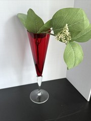 Ruby Red 10.25” Champagne Flute With Clear Stem And Foot Floral Rose Vase Blown