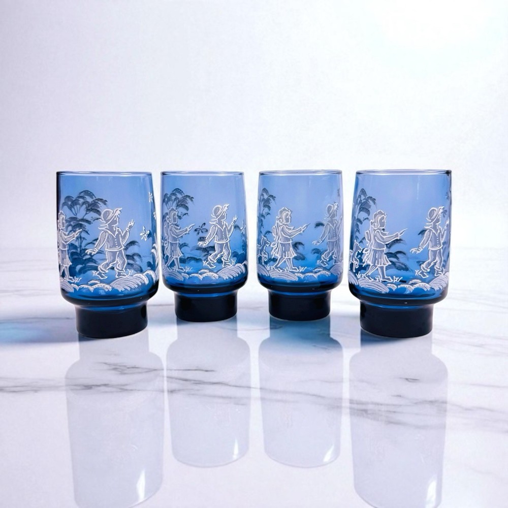 Vintage Libbey Blue Mary Gregory Fishing Kids Set Of 4 Stacking Tumblers