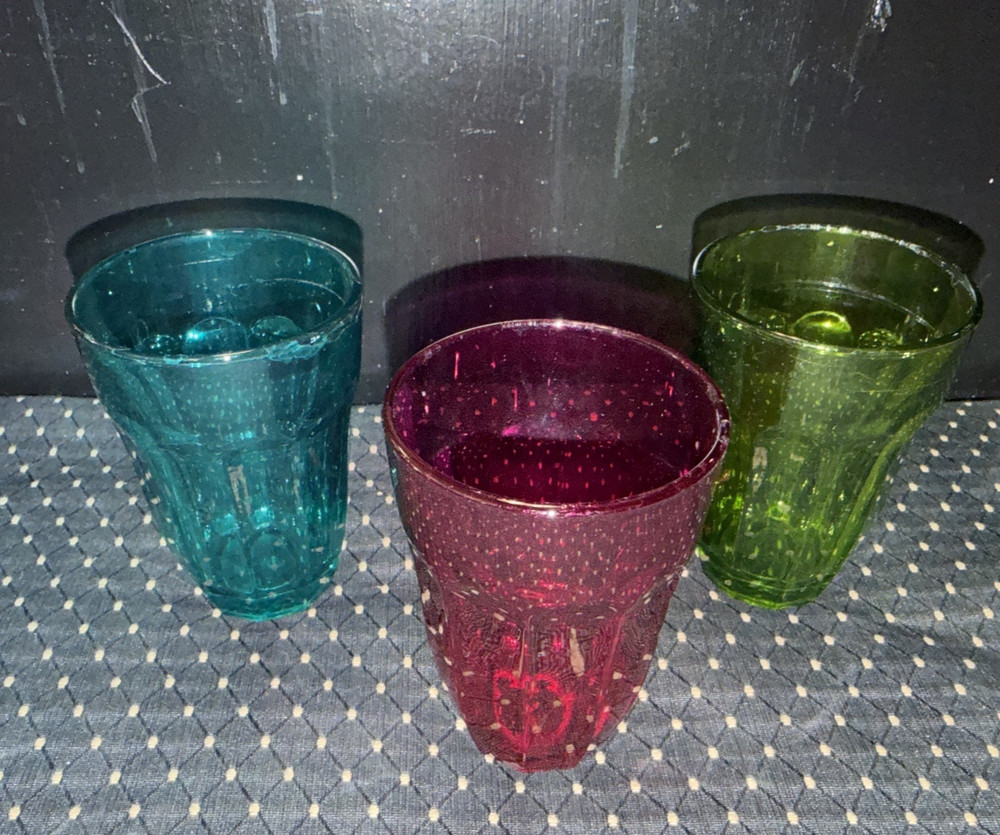 (3) Vintage Pasabahce PALAKS multicolor JUICE 8 Oz Tumbler Glass Turkey 4”