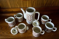 Japanese Ceramic Cream Coffee Pot Set: 70’s Butterfly Scroll Design