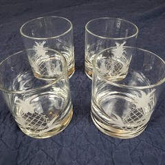Set Of 4 Tiffany & Co Pineapple Old Fashioned Rocks Drink Etched Bar Glass