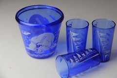 VTG Hazel Atlas Cobalt Blue Windmill Ice Bucket & 3 Flat Tumblers w/ Flags