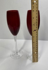 Set of 2 Vintage 4 oz Ruby Red Wine Glasses Champagne Flutes 9” Tall Clear Stem