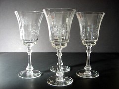 4 Rock Sharpe Hand Blown Optic Glass Water Goblets Gray Cut Flowers Dots 7 3/4″