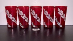 5 Anchor Hocking Ruby Red Wheat Leaf Glass Tumblers Vintage