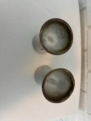 Vintage Studio Pottery Goblets Pair Gray Brown Drip Glaze Stoneware 6in MCM