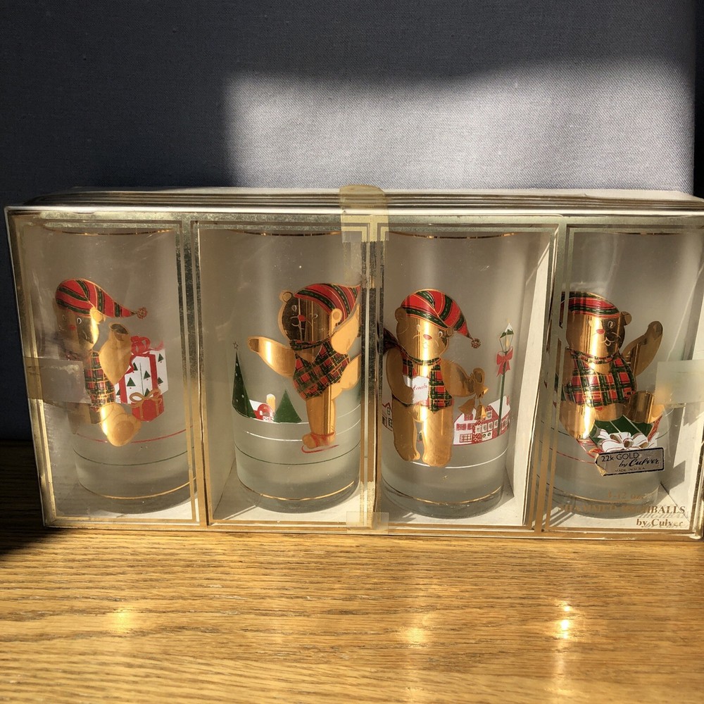 4 Vtg Culver 22K Gold High Ball Glasses Christmas “Yule” Bears W/Box – Festive