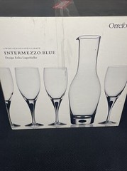 Orrefors Intermezzo Blue 4 Wine Glasses and Carafe Set New Open Box