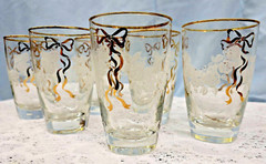 6 Vintage Libbey Rose Classic White Roses & Gold Ribbon Design 8 OZ 4-5/8in