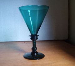 1800s FREE BLOWN PONTILED WINE GLASS PRETTY TEAL BLUE COLOR DOUBLE KNOB STEM