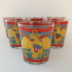 Set of 6 Cera E Pluribus Unum Scotch Whiskey Glasses Barware Patriotic Eagle MCM