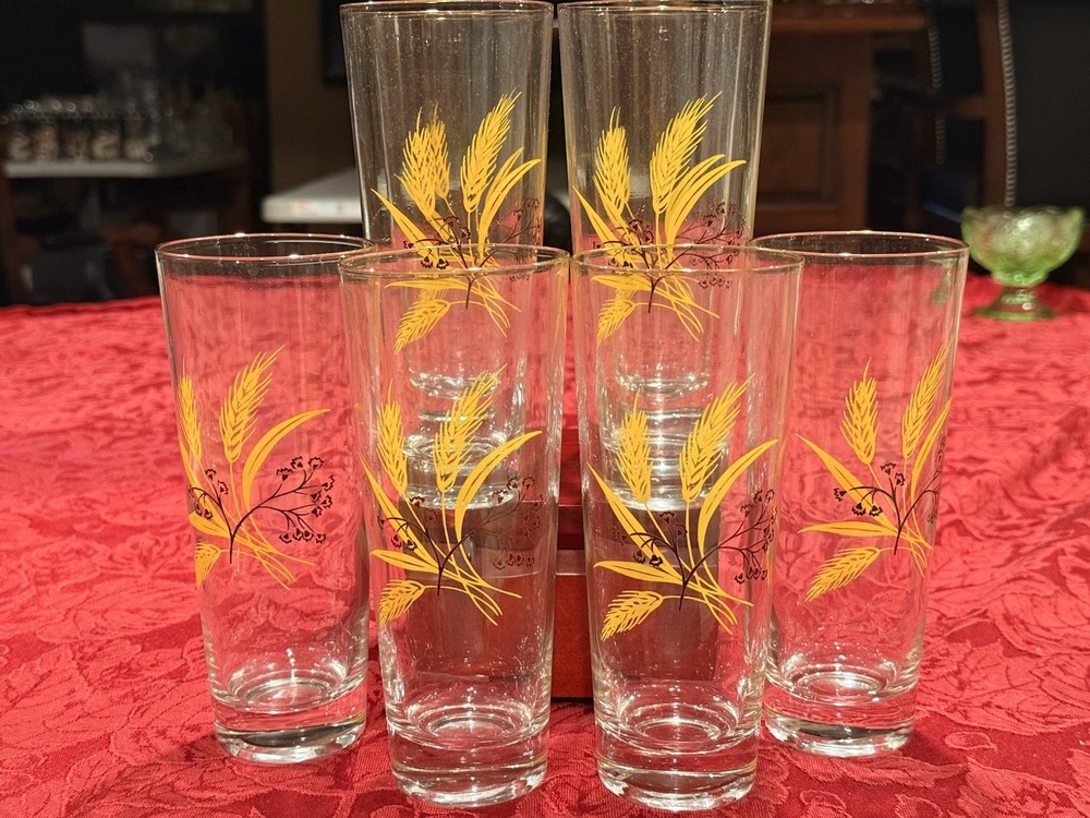 Classic Vintage Homer Laughlin Golden Wheat Glass Set of 9 Ex Cond 7” Gold Rim