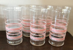 10 Libbey Pink White Sponge Bands Tumblers Lot Vintage Clear Drinking Glasses
