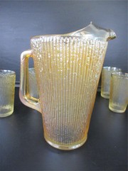 Vintage Pitcher & Glasses Set Tree Bark Variant MCM 1960’s Jeannette Glass 7pc