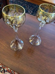 Pair Bohemian/German Hock Glasses Shaded Green Top with Gold