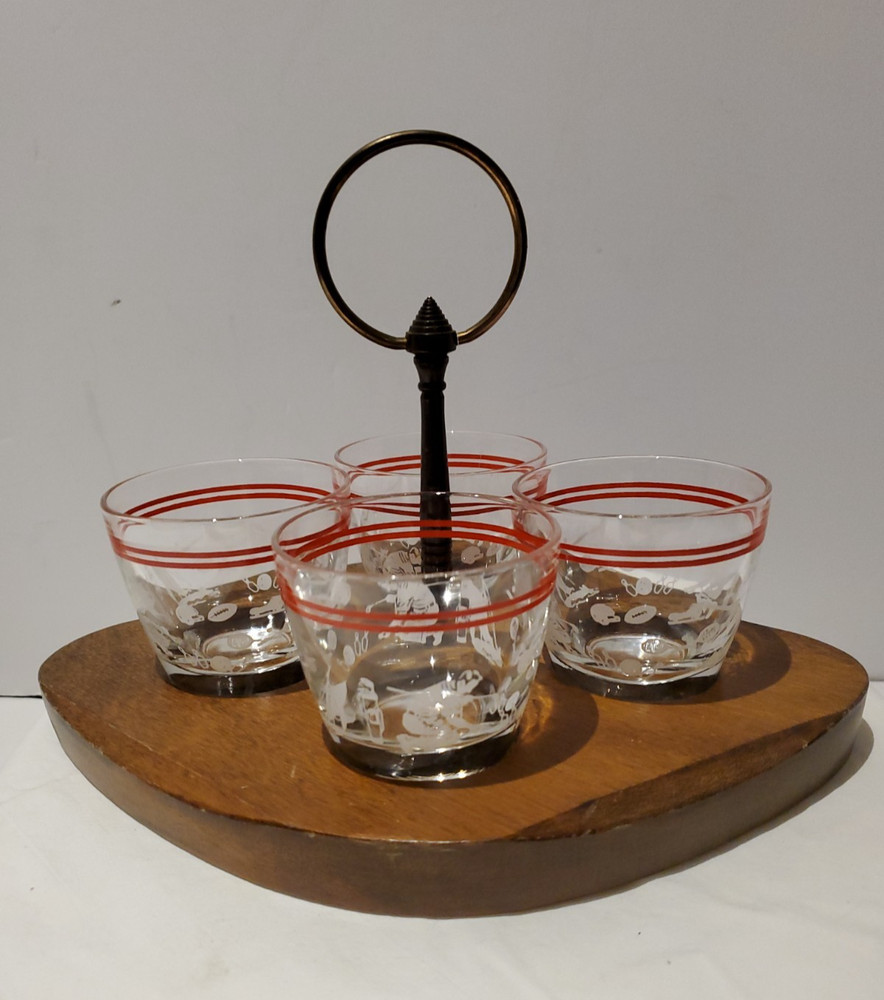 MCM Hazel Atlas Double Shot Glasses Sports Golf w/Wooden Caddy — Set of 4
