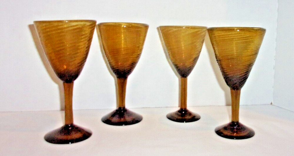 SET OF 4, MCM, VINTAGE, HAND BLOWN, SWIRL, AMBER, CORDIALS, ROUGH PONTIL