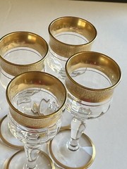 4 Ransgil Rambler Rose Optic Clear Cordial Glasses 1oz Gold Rim 4” Rare