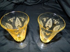 * Fostoria Trojan Etched Topaz Yellow JUICE Glasses VTG Elegant 4.5″ 5OZ