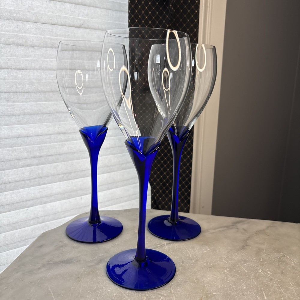 Hand-Blown 9.75″ Empoli Italy Colbalt Blue Stem Wine Goblets 3 Art Glasses