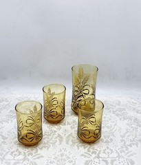 Vintage Retro Golden Wheat Harvest Drinking Glasses Set of 4 Three Small One Med