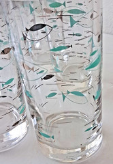 7 Vint Libbey Mediterranean Atomic Fish Tumbler glass MCM Retro 5.75″ silver rim