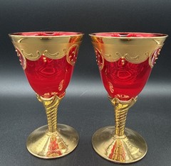 Vtg Pair Of Italian Moran’s 24kt Gold Trim And Red, Painted Wine Glasses