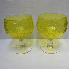 2 Vintage Secla Yellow Glass Goblets Cabbage Leaf Design 24oz