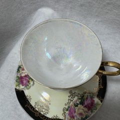 Vintage Shafford Japan Pedestal Teacup & Saucer Set Black Gold Roses Lusterware