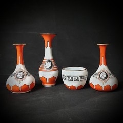 French Opaline Glass Set – Three Vases & Serving Dish, Orange & White. 19th C