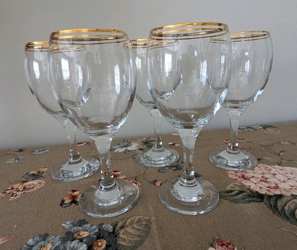 Set of 5 Vintage Crystal Double Gold Rimmed Water Goblets MCM Elegant Handblown
